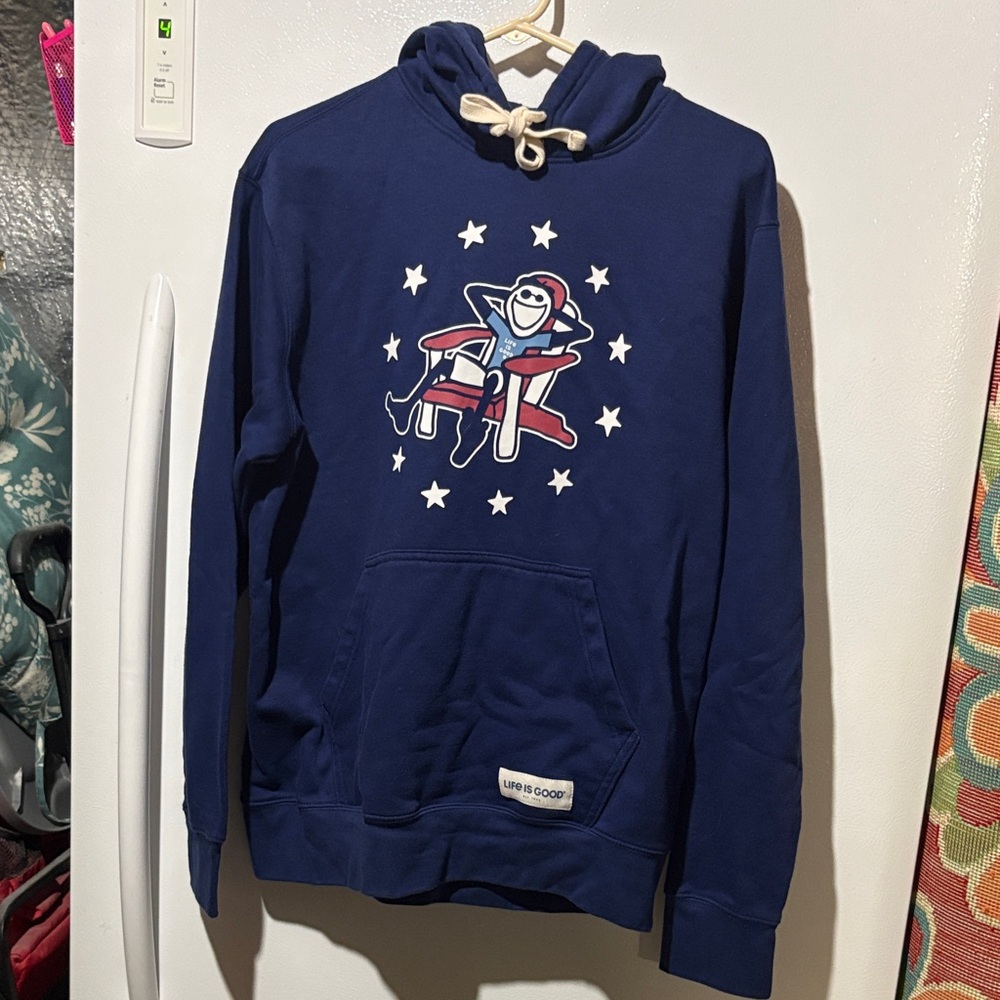 Life Is Good Men's Navy Graphic Crewneck Hoodie with Red & White Accents